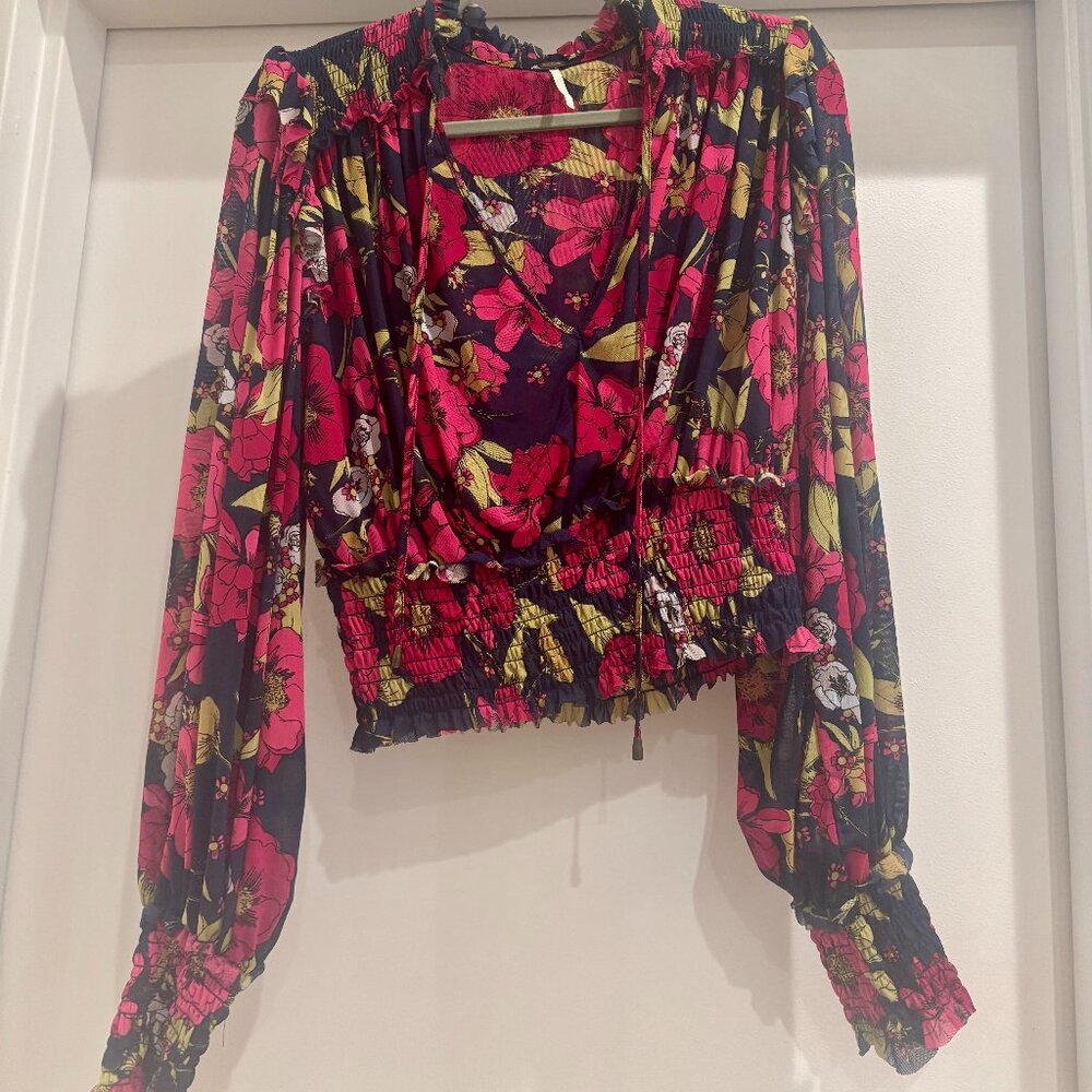 Free People Twilight Floral Mesh V-Neck Top with Neck Tie